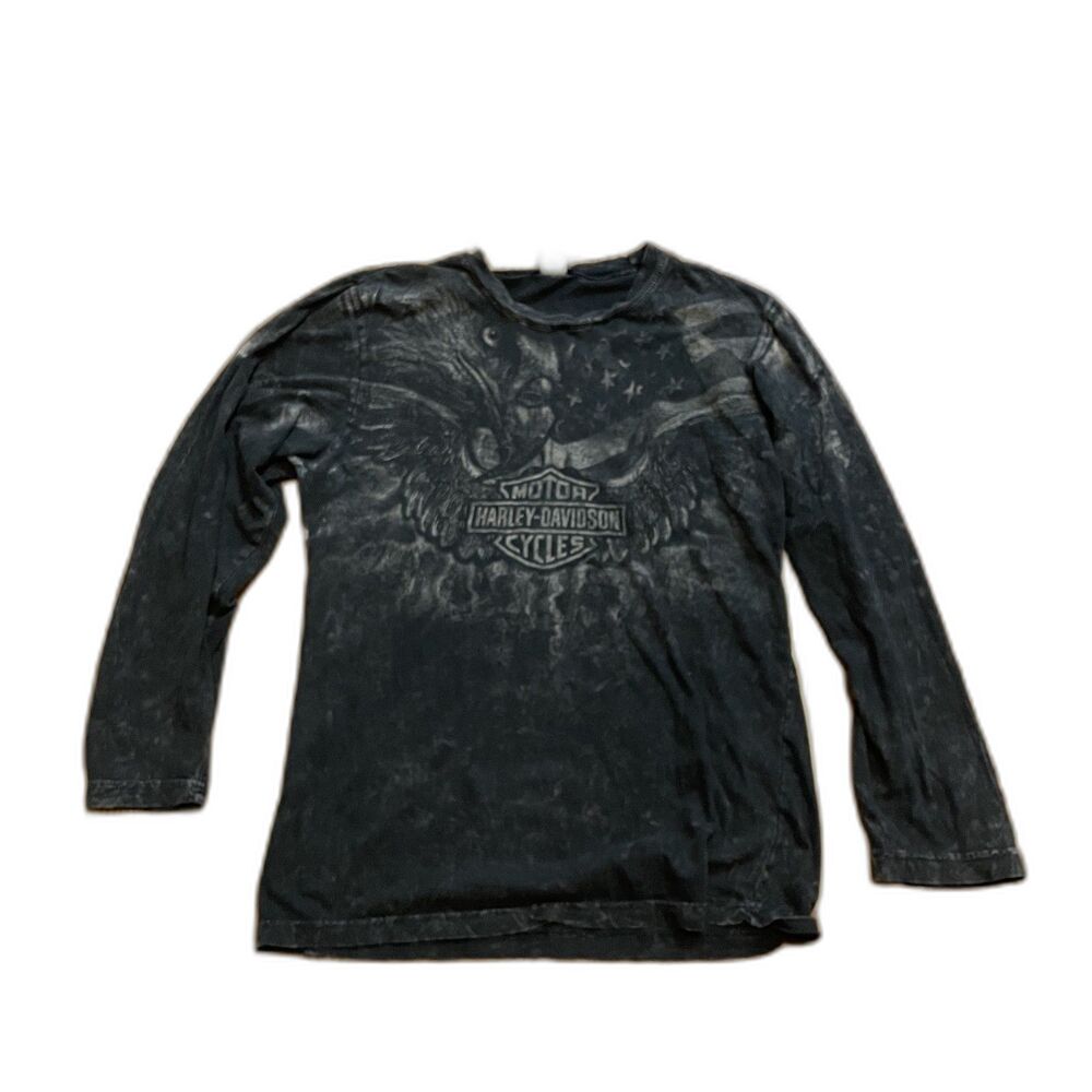 Harley-Davidson Grunge Graphic Long Sleeve Tee Gothiccore Thin Black Top Moto NH